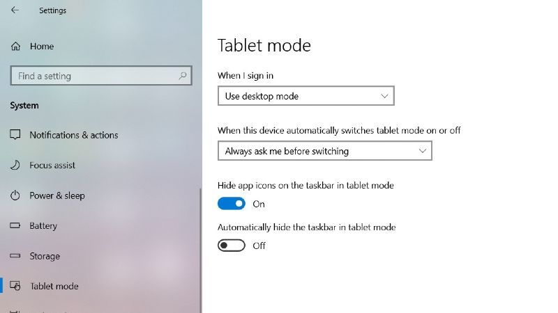 Windows 10 tablet mode settings