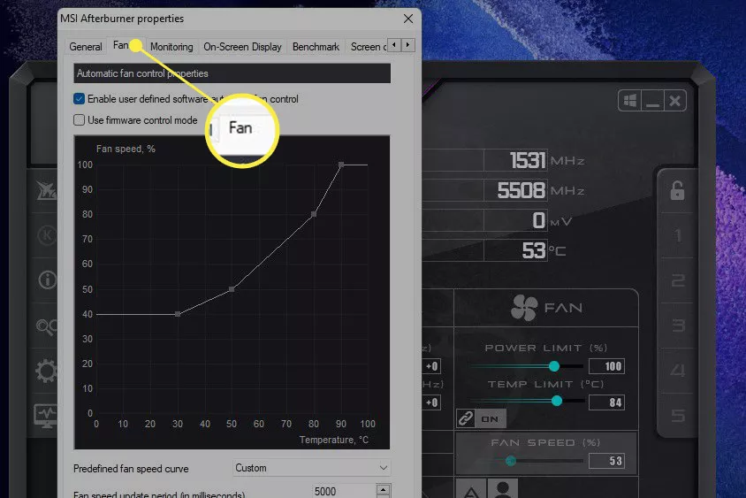 MSI Afterburner software with the fan settings tab highlighted.