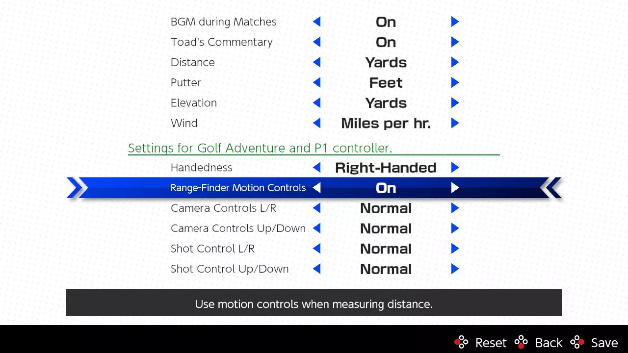 Motion control settings in Mario Golf on Switch.
