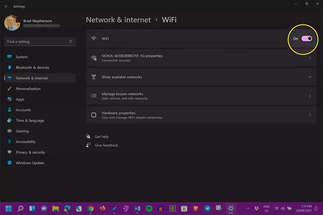 Windows 11 internet settings with WiFi On switch highlighted.