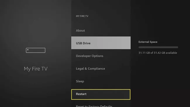My Fire TV settings menu with Restart option highlighted.