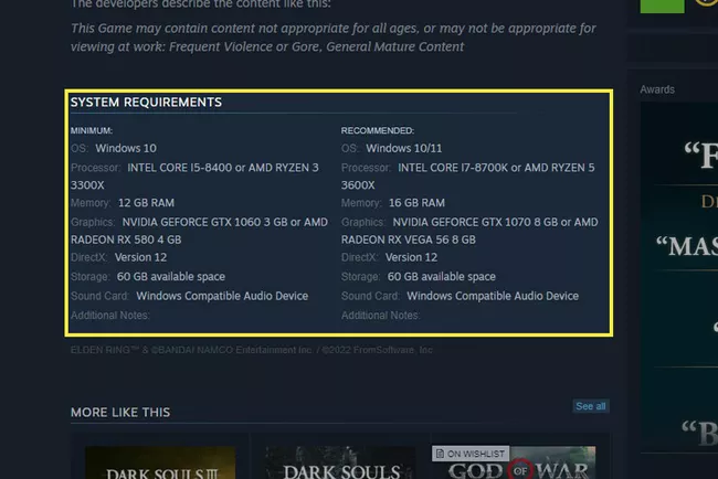 The minimum and recommended system requirements for Elden Ring on Steam.