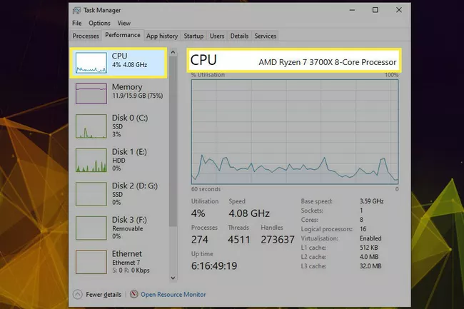 Windows Task Manager highlighting the installed CPU.