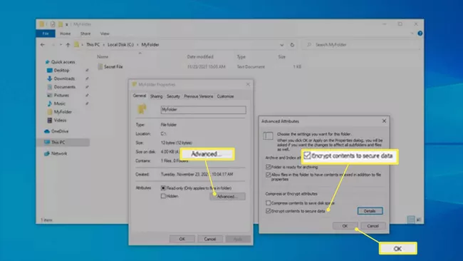 Folder properties and Advanced Attributes screens in Windows 10.