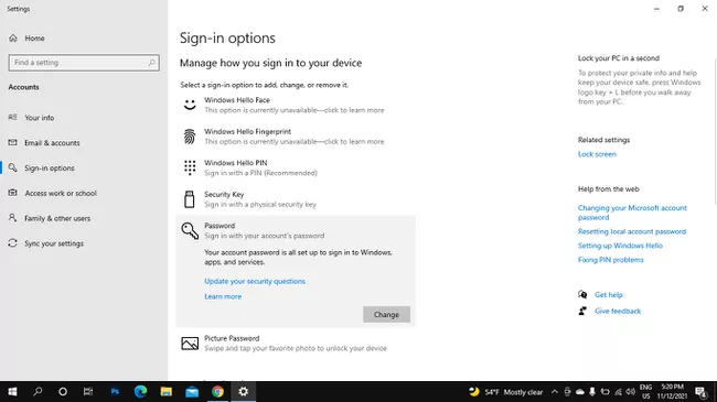 Change under Password in Windows Sign-In Options