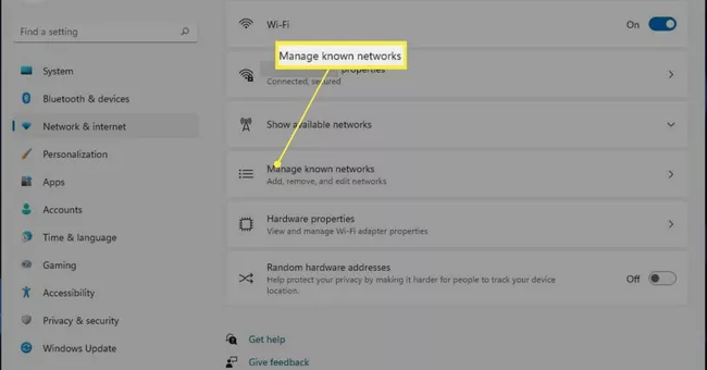 Manage known networks in Windows 11 Settings