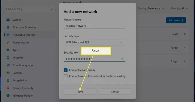 Save button on Add a new network window in Windows 11