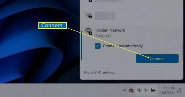 Connect button on Wi-Fi Hidden Network in Windows 11