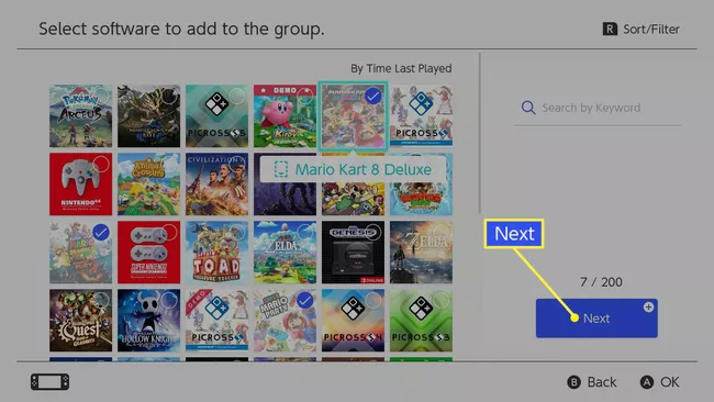 Selecting Nintendo Switch software to add to Group