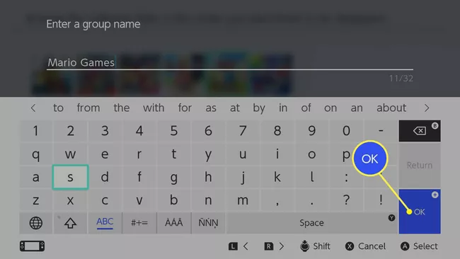 Entering a name for Nintendo Switch Group and OK button