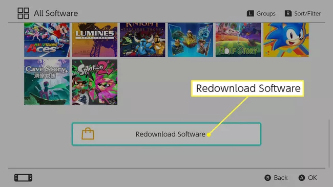 Selecting Redownload Software from the Nintendo Switch All Software menu