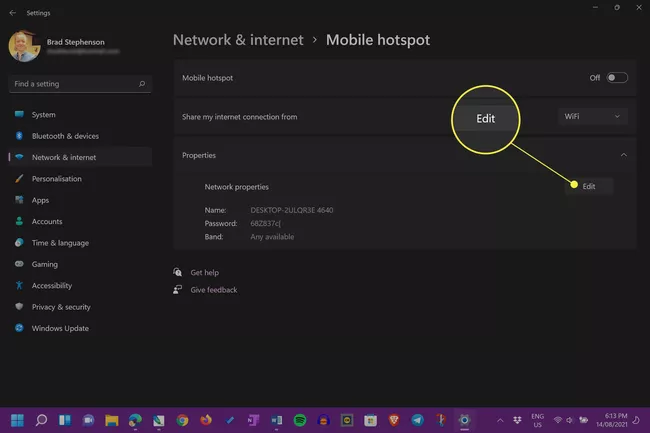 Windows 11 Mobile hotspot screen with Edit highlighted next to Network Properties