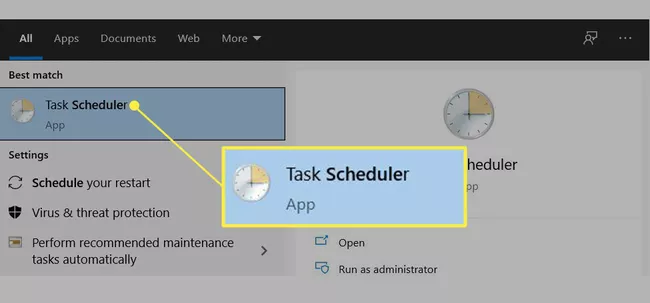 The Task Scheduler option in the Windows search box.