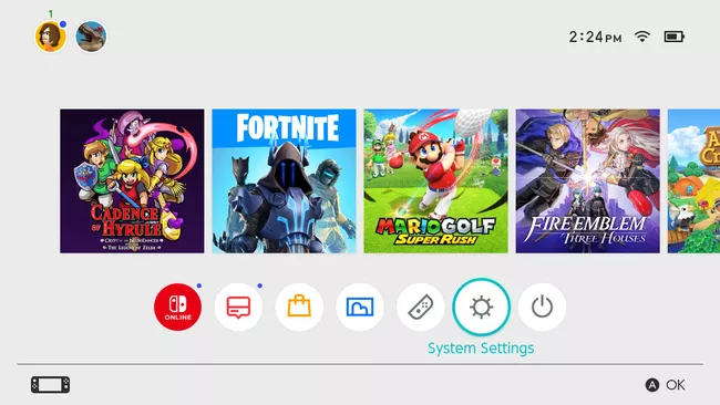 System Settings highlighted on the Switch home screen.