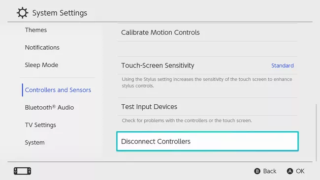 Disconnect Controllers highlighted in Switch System Settings.
