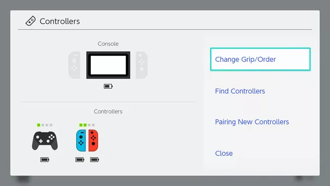 Change Grip/Order highlighted on Nintendo Switch.